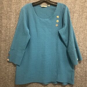 Soft Surroundings Tunic Top Womens M Teal Button Wrap Crinkle Gauze Lagenlook‎